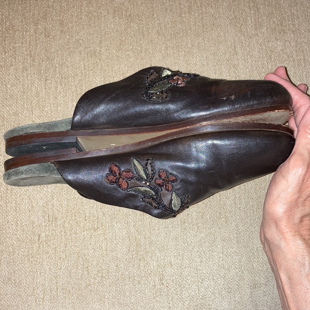 Anthropologie Brown Leather Floral Slip-On Clogs - Picture 9 of 11
